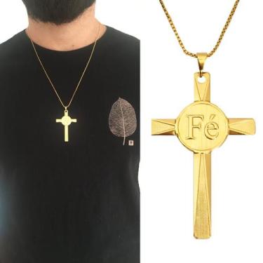 Imagem de Cordão Corrente 60 cm Masculino Pingente Cruz Crucifixo Fé Oração Folh
