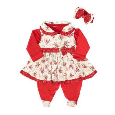Imagem de Macacão com Vestido e Faixa de Cabelo Lindinha Floral Vermelho 03 Peça