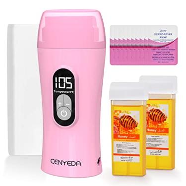Imagem de Kit digital de cera roll-on, kit de depilação termostática de mel para pele sensível, aquecedor de cera macia depilatória com 2 refil de cartucho, 10 lenços de remoção de cera e 100 tiras de cera