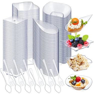 Imagem de Conjunto de mini pratos de sobremesa de plástico transparente, 400 unidades, mini pratos de aperitivo, formas sortidas, tigelas de sobremesa transparentes com 200 colheres e 200 garfos para servir bandeja de plástico descartável para festa de casamento