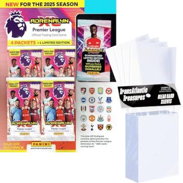 Imagem de Panini Adrenalyn XL Premier League Soccer Trading Cards 2024-2025 Kick-Off Multipack Plus 100 Card Protector Sleeves, Includes Binder, 4 Packs, 1 Limited Edition & 1 Golden Baller Card