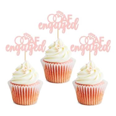 Imagem de Ercadio Pacote com 24 Topper de cupcake We're Engaged Pink Glitter Wedding Engagement Cupcake Picks Somos escolhas de cupcake de noivado para chá de panela, tema de casamento, decoração de bolos