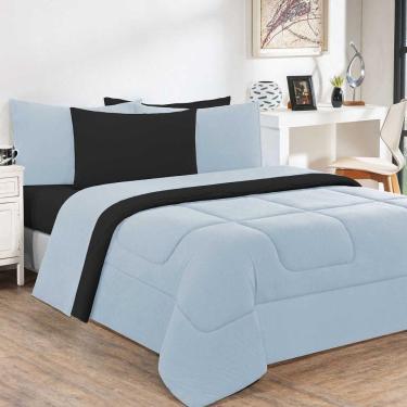 Imagem de Kit Edredom + Jogo De Lençol 100% Algodão Gran Moratta 6 Peças Queen Azul Bebê-preto