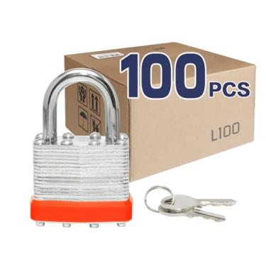 Imagem de LanuBe Cadeado com chave laminada (1-9/40.6 cm, 40 mm), fechaduras semelhantes com chave, manilha normal, aro de plástico laranja marcado, pacote com 100