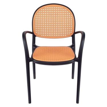 Imagem de Cadeira Jantar Cozinha Cafeteria Com Braços Mumbai Tela Palha Plástico Preto