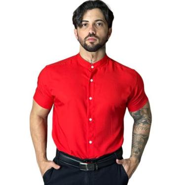 Imagem de Camisa Social Casamento Gola Padre Masculina Slim Fit Manga Curta Envi