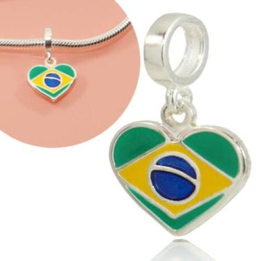 Imagem de Berloque Charms Coração Bandeira Brasil Prata Legitima 925 - Lojas La+