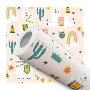 Imagem de Papel de Parede Adesivo Lhama Alpaca Cacto Arco Íris Infantil Bebê Mod