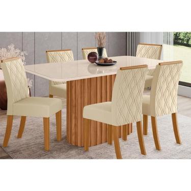 Imagem de Conjunto: Mesa de Cozinha Solana SC68 Tampo Madeirado c/ Vidro Canto Curvo 160x90cm e 6 Cadeiras Vita Nature/Suede Light Linho - Henn