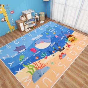 Imagem de AKASISRUG Tapetes infantis para sala de jogos, 294 x 190 cm, ABC, alfabeto, baleia, infantil, antiderrapante, oceano, infantil, tapete lavável, educativo, sala de aula, tapete infantil para quarto de