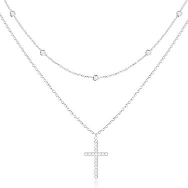 Imagem de Poxtex Colar de cruz delicado para mulheres corrente de ouro real 14 k gargantilha cruz colar em camadas pingente de cruz joias de ouro presentes de fé para mulheres, meninas, Banhado a ouro, Zircônia cúbica