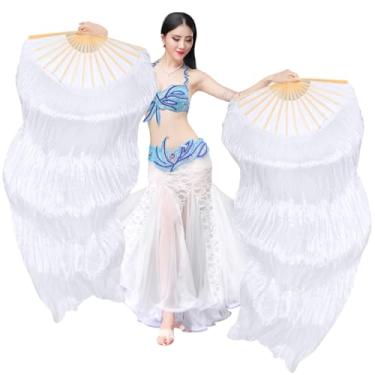 Imagem de 1 par de fãs de dança do ventre de seda verdadeira de 159 cm, fãs de dança do ventre femininos, véus longos com costelas de bambu, feito à mão (branco)