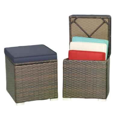 Imagem de MEDIMALL Conjunto de 2 pufes de vime para pátio, banquinho multiuso ao ar livre com almofadas removíveis, mesa lateral de vime com armazenamento, banco otomano para jardim, quintal e piscina (azul