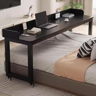 Imagem de Mesa sobreposta com rodas, mesa de trabalho para computador móvel, mesa ao lado, bandeja rolante para escrever laptop, mesa de carrinho de mesa para sala de hospital e casa, prateleira preta - preta,