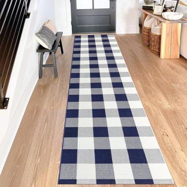 Imagem de Aoczes Buffalo Tapete xadrez 6,5 x 2,3 m, azul marinho e branco, tapete de corredor de casa de fazenda, tapete lavável de algodão para entrada, cozinha, lavanderia, quarto/sala de estar
