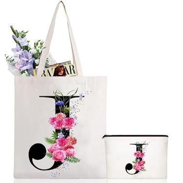 Imagem de Andeiltech Sacola de lona com inicial, estampa floral, bolsa de maquiagem personalizada com monograma, presente para damas de honra, aniversário e casamento, Letra Floral_j, Large