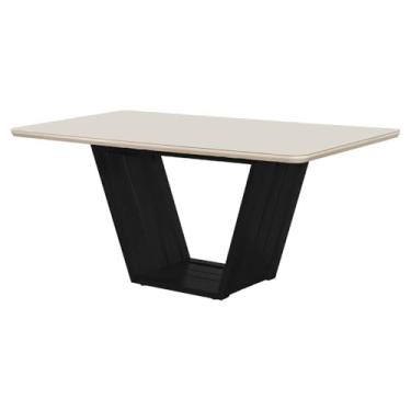 Imagem de Mesa de Jantar Luxo Retangular 160x90 Mdf/vidro para 6 Lugares Pés Madeira Maciça Safira Preto/off White