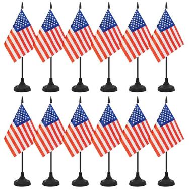 Imagem de Conjunto de 12 bandeiras de mesa dos EUA, bandeira de escritório de mesa americana, pequena bandeira de mesa em miniatura com mastro preto e base preta, sala de aula, decoração de mesa de reunião de
