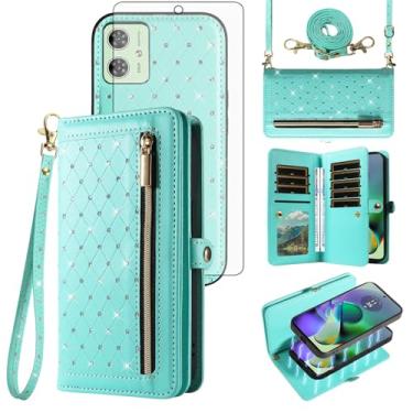 Imagem de Asuwish Capa de celular para Motorola Moto G54 5G com zíper carteira magnética destacável com protetor de tela de vidro temperado, alça transversal com glitter, flip e porta-cartão de crédito G 54