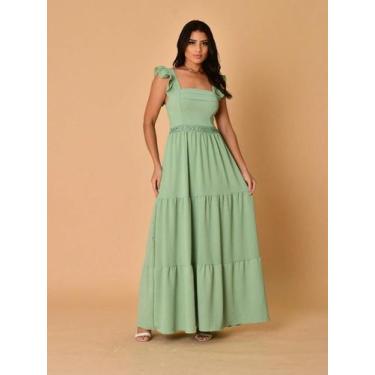 Imagem de Vestido longo luxo duna lisa com babada na manga renda na cintura 1943