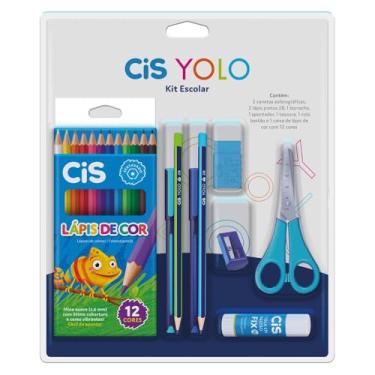 Imagem de Kit Escolar CIS Yolo 9 peças - 2 canetas esferográfica, 2 lápis pretos HB, 1 borracha, 1 apontador, 1 tesoura, 1 cola bastão e 1 caixa de lápis de cor 12 cores, Azul