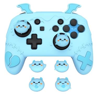 Imagem de PlayVital Gothic Imp Series Capa de silicone fofa para controle Nintendo Switch Pro com 4 polegares e 2 adesivos, capa protetora de silicone antiderrapante antiarranhões - azul aqua