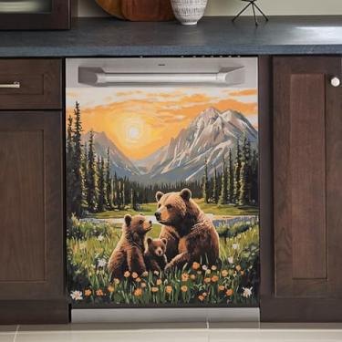 Imagem de Sundown Urso Capa de Lava-Louças Ímã Decoração de Cozinha, Urso Marrom Mãe e Bebê Capa Ímã de Lava-Louças Painel da Porta Frontal, Decalques Magnéticos Animais Eletrodomésticos Adesivos (58 x 66 cm)