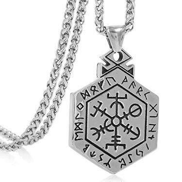 Imagem de FIZIZDH Colar com pingente de aço inoxidável Nordic Coin Amulet Vegvísir Guidepost Bússola, poste Odin, corrente de elos de quilha de 61 cm, Aço inoxidável, Na