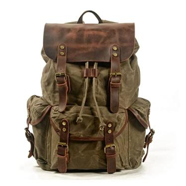 Imagem de Mochilas de lona retrô fashion para homens mochila de couro masculina para laptop(Army green)
