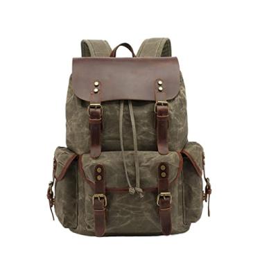 Imagem de Mochila de lona para homem vintage bolsa de viagem de grande capacidade para laptop mochila de couro(Army Green)