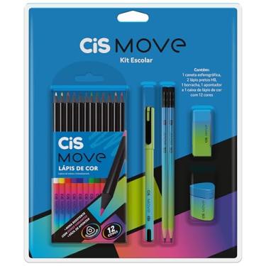 Imagem de Kit Escolar CIS Move 6-1 caneta esferográfica, 2 lápis pretos HB, 1 borracha, 1 apontador, e 1 caixa de lápis de cor 12 cores, Azul + Verde