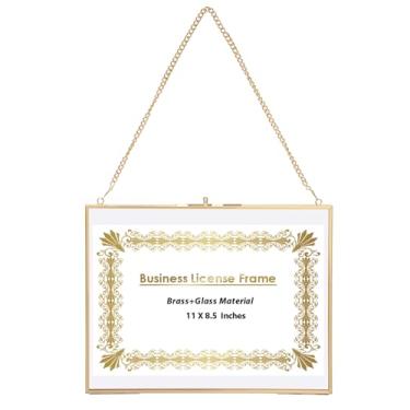 Imagem de JUXYES Moldura de exibição de certificado de licença comercial de latão para pendurar na parede, moldura flutuante de vidro duplo, moldura dourada de 20 x 28 cm