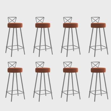 Imagem de Kit 08 Banqueta Alta Com Encosto Tânia Eiffel Cozinha Bar Bistrô Ferro Cinza Corino Laranja - Ahz Móveis