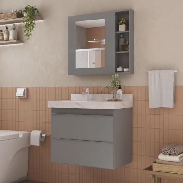 Imagem de Conjunto para Banheiro Lavatório em Porcelanato com Cuba Esculpida, Gabinete e Espelheira Lisa