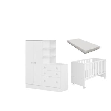 Imagem de Jogo De Quarto Bebê Guarda Roupa 2 Porta 3 Gavetas Berço E Colchão Espuma D-18 Branco Branco Móveis Leartam