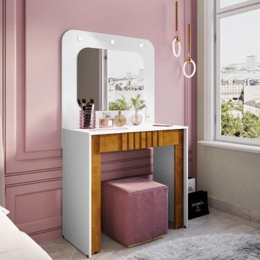 Imagem de Penteadeira Camarim Ripada com Espelho e LED 1 Gaveta Rouge Bechara - Branco/Naturale