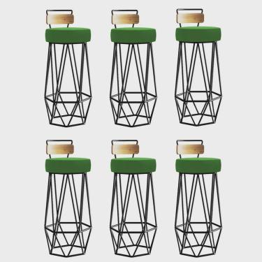 Imagem de Kit 06 Banqueta Com Encosto Botti Hexágono Cozinha Peroba Rosa Ferro Preto Corino Verde - Ahz Móveis