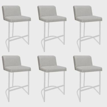 Imagem de Kit 06 Banquetas Com Encosto Noah Luxo Confort Bistrô Cozinha Ferro Branco Linho Cru - Ahz Móveis