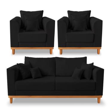 Imagem de Kit Sofá 3 Lugares e 2 Poltronas Beny Viena Para Recepção Suede Preto - Madeira Prima Deccor