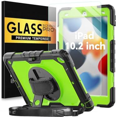 Imagem de BLOSOMEET Capa para iPad 9ª/8ª/7ª geração 2021/2020/2019 10,2 polegadas com protetor de tela de vidro temperado e porta-lápis, capa protetora infantil para iPad 10.2 com alça de ombro de mão, verde