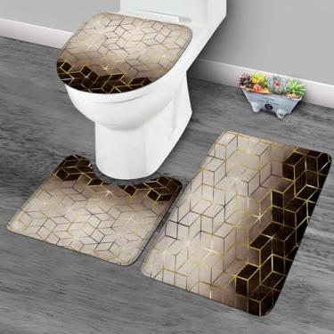 Imagem de KOMLLEX Conjunto de tapetes de banheiro abstrato ombré marrom preto mármore 3 peças grade geométrica de ouro cúbico contorno tampa de vaso sanitário em forma de U, antiderrapante, decoração de banheiro de poliéster durável