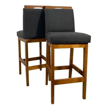 Imagem de Kit 2 Banqueta Alta Rubi Para Cozinha De Madeira Maciça Estofada Com Encosto Para Bancada Americana (Linho Preto)