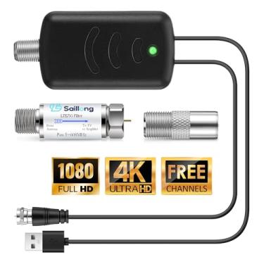 Imagem de Saillong Amplificador de antena de TV com kit de filtro LTE, amplificador de sinal de antena para TV interna, amplificador pixelado de baixo ruído/clareia, amplificador de sinal de alto ganho