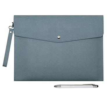 Imagem de Wonderpool A4 PU Envelope de couro para documentos, pasta de grande capacidade, bolsa de viagem para papelaria, organizador de papelaria e capa para tablet (azul claro)