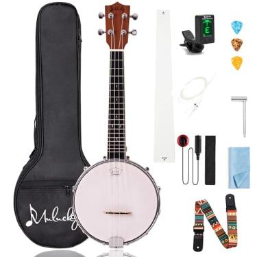 Imagem de Mulucky Ukulele Banjo de 4 cordas | Banjolele Madeira Sapele de 58 cm com cabeça Remo e cordas de nylon | Kit de viagem marrom escuro (bolsa, afinador, palhetas) - MBU-808