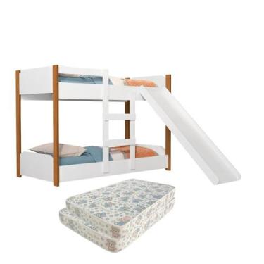 Imagem de Mini Beliche Infantil Com Escorregador MDF Incluso 2 Colchões Impermeá