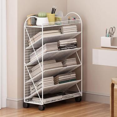 Imagem de Carrinho de biblioteca de rolagem de prateleira de metal de 6 camadas, prateleiras inclinadas em forma de V com rodas trancadas para o caminhão de livros da biblioteca escolar de escritório