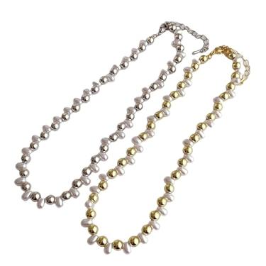 Imagem de SINIDE Colar de pérolas delicado irregular, redondo, imitação de pérolas, colares de pérolas para casamento, joias delicadas para mulheres, joias simples para dama de honra, presentes (pacote com 2