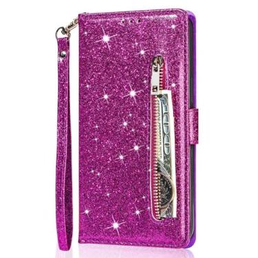 Imagem de LYJSMGZ Capa flip com glitter para iPhone 16E, capa de telefone feminina estilo carteira com fecho magnético de couro brilhante brilhante antiqueda, roxa, 16E