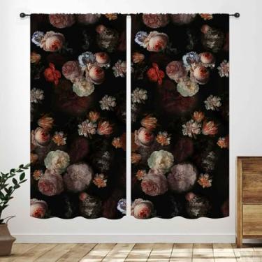 Imagem de Cortinas de cozinha florais retrô, estilo country vintage, boho, folhas de flores rústicas, plantas botânicas, cortinas de janela, estética, preta, estampada, sala de estar, banheiro, 2 painéis, 106 x